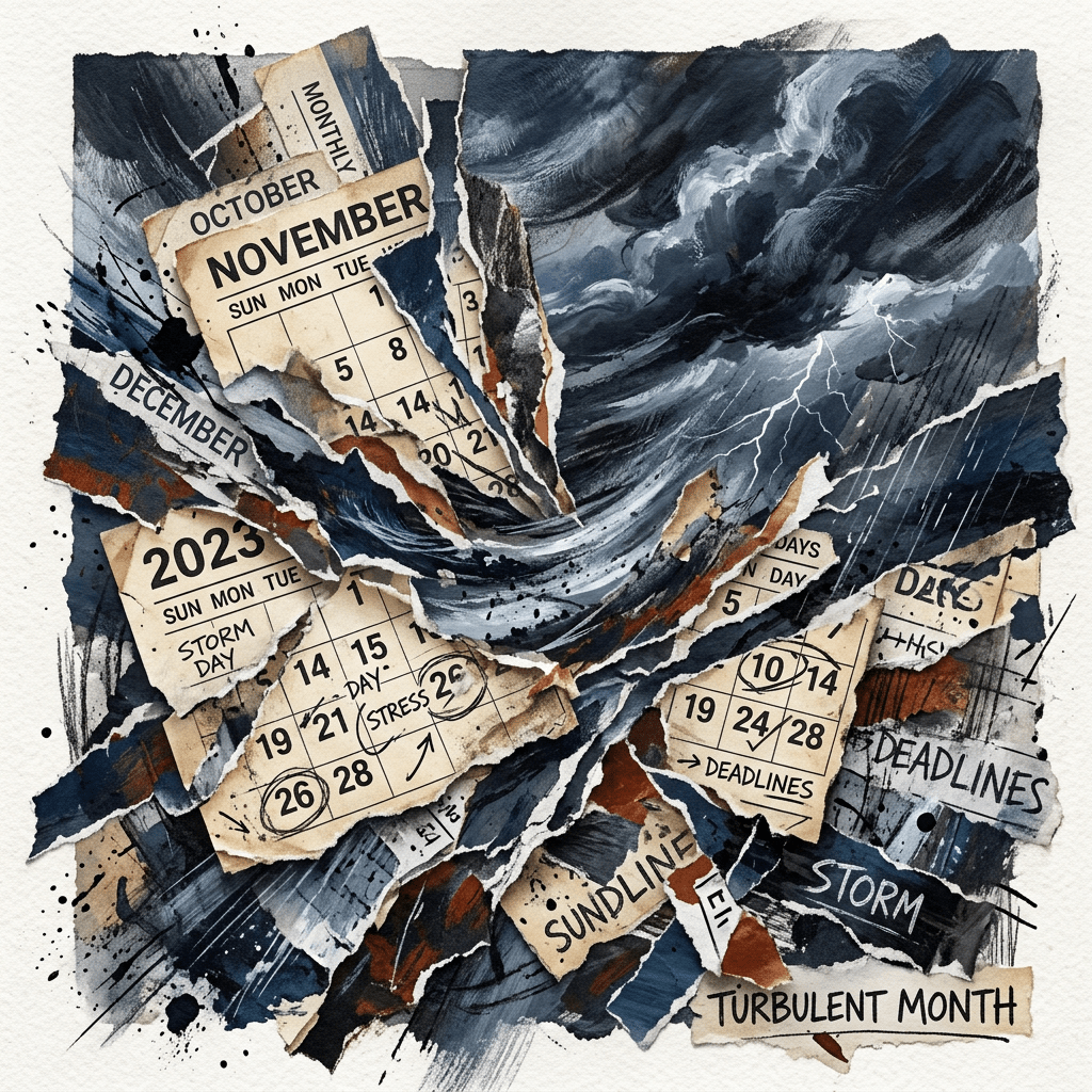 Torn calendar pages with storm clouds, lightning, and words like stress, deadlines, and storm